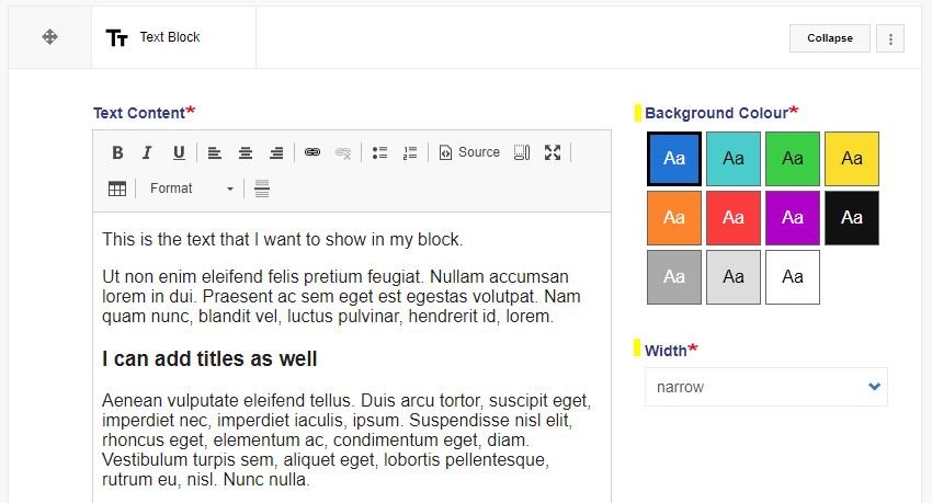 A screenshot showing the settings for a Text Blocks background colour and width being altered